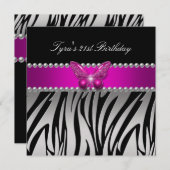 Pink Zebra Silver Black Butterfly Birthday Party Kaart (Voorkant / Achterkant)