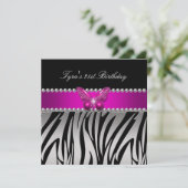 Pink Zebra Silver Black Butterfly Birthday Party Kaart (Staand voorkant)