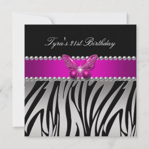 Pink Zebra Silver Black Butterfly Birthday Party Kaart