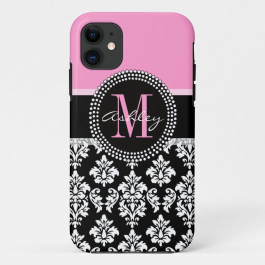 PINK, ZWARTE DAMASK, UW MONOGRAM, JOUW NAAM Case-Mate iPhone CASE (Achterkant)