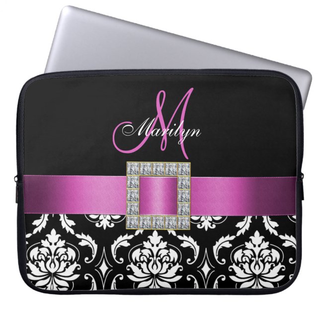 PINK, ZWARTE DAMASKMONOGRAM LAPTOP SLEEVE (Voorkant)