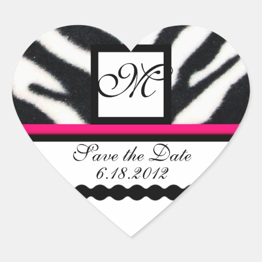PINK ZWARTE WITTE ZEBRA VALSE MONOGRAM, sparen de  Hart Sticker (Voorkant)