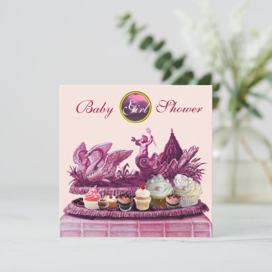 PINKCHARIOT VAN ZWANEN / KOPEN MEISJE BABY SHOWER KAART (Staand voorkant)