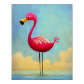 pinker Flamingo im blauen Wasser - Cartoon Stil Perfect Poster