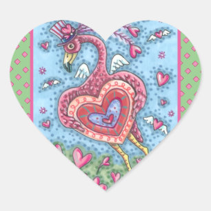 PINKFLAMINGO CUPID EN FLYHEARTS VALENTIJN HART STICKER