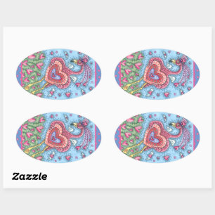 PINKFLAMINGO CUPID EN FLYHEARTS VALENTIJN OVALE STICKER