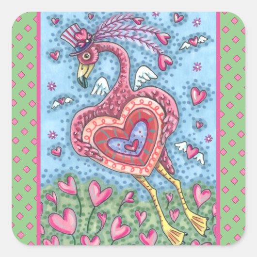 PINKFLAMINGO CUPID EN FLYHEARTS VALENTIJN VIERKANTE STICKER (Voorkant)