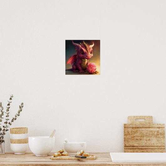 Pinkie - Roze Draak met een Roos Poster Kunst (Keuken)