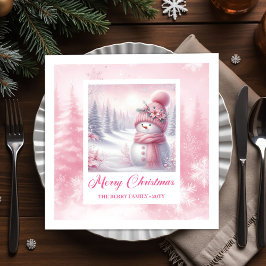Pinkmas Snowman Christmas Scene Napkins Winter  Servet