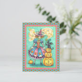 PINKPARTIJ WITCH IS HALLOEEN MAGIC, ZWARTE CAT FEESTDAGENKAART (Staand voorkant)