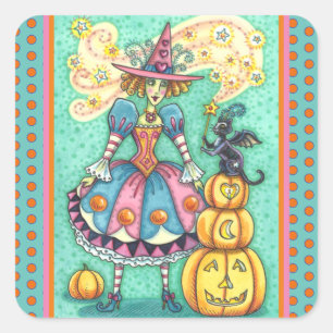 PINKPARTIJ WITCH IS HALLOEEN MAGIC, ZWARTE KAT SQU VIERKANTE STICKER