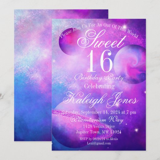 Pinkple Planets Invitation Kaart (Voorkant / Achterkant)