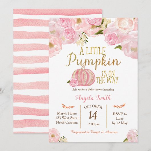 PinkPumpkin Baby shower Invitation Gold Glitter Kaart (Voorkant / Achterkant)