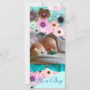 PINKROSEN EN BLAUWE FOTO-MONOGRAM KAART