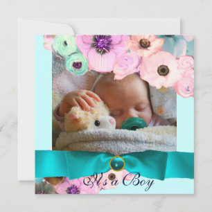 PINKROSEN EN BLAUWE FOTO-MONOGRAM KAART