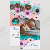 PINKROSEN EN BLAUWE FOTO-MONOGRAM KAART (Voorkant / Achterkant)