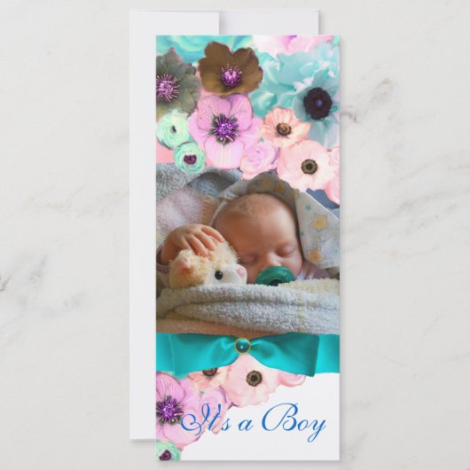 PINKROSEN EN BLAUWE FOTO-MONOGRAM KAART (Voorkant)