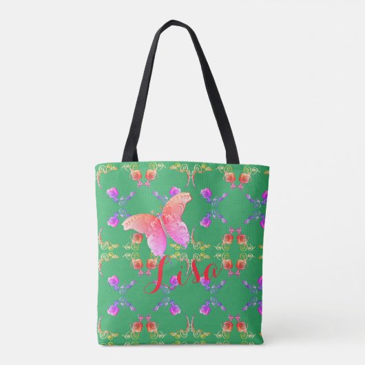 PinkRoses en Butterflies, geïnspireerd op Blauwgro Tote Bag (Achterkant)