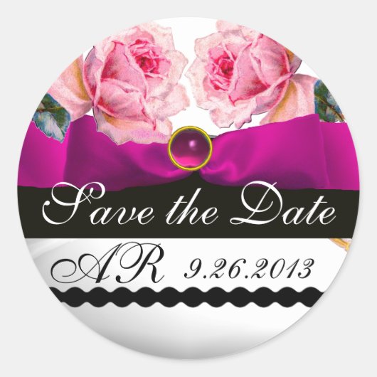 PINKROSES EN FUCHSIA RIBBON MONOGRAM Gemstone Ronde Sticker (Voorkant)