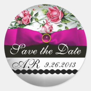 PINKROSES EN FUCHSIA RIBBON MONOGRAM Gemstone Ronde Sticker