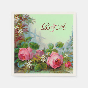 PINKROSES, JASMINEN FLORAL WEDDING MONOGRAM Blauwg Servetten