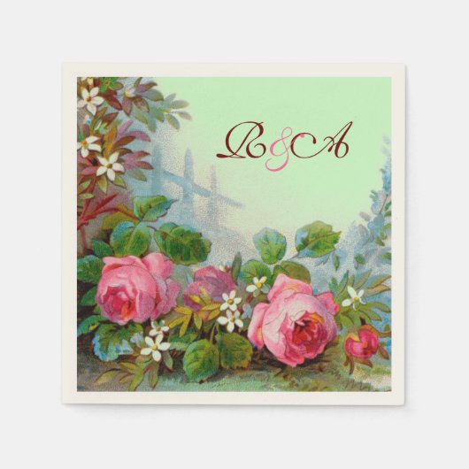 PINKROSES, JASMINEN FLORAL WEDDING MONOGRAM Blauwg Servetten (Voorkant)