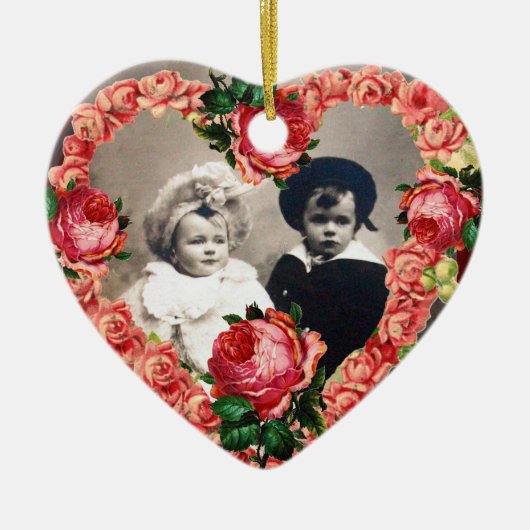 PINKROSES WEDDING HEART FOTO TEMPLATE MONOGRAM KERAMISCH ORNAMENT (Voorkant)