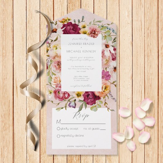 Pinks & Gele Floral op Roze Geen diner All In One Uitnodiging