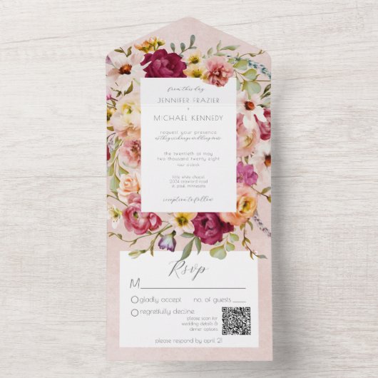 Pinks & Yellow Floral op roze QR-code All In One Uitnodiging (Binnen)