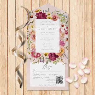 Pinks & Yellow Floral op roze QR-code All In One Uitnodiging