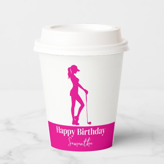 Pinky Lady Golfer Verjaardag Monogram Papieren Bekers (Voorkant)