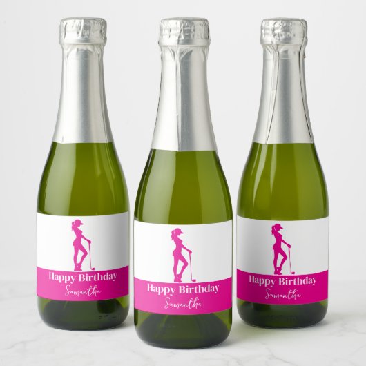 Pinky Lady Golfer Verjaardag Monogram Sparkling Wijnetiket (Flessen)