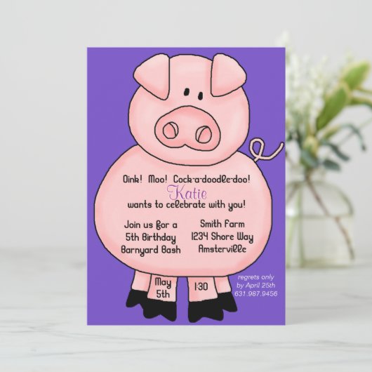 Pinky Pig Uitnodiging (Staand voorkant)