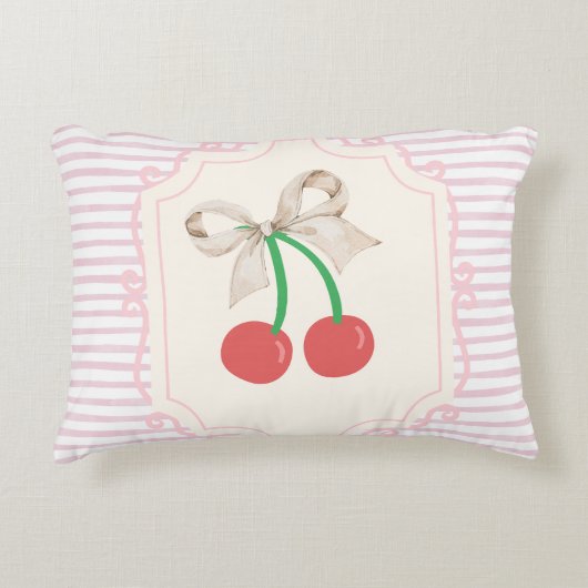 Pinky retro Sweet Cherries met strik Retro strepen Accent Kussen (Voorkant)