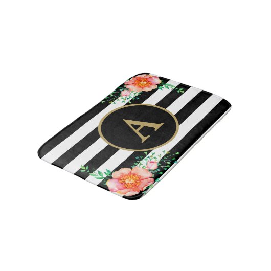 Pinl Bloem Vet Zwart Wit Streep Goud Monogram Badmat (Gekanteld)