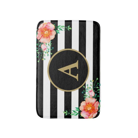 Pinl Bloem Vet Zwart Wit Streep Goud Monogram Badmat (Voorkant Verticaal)