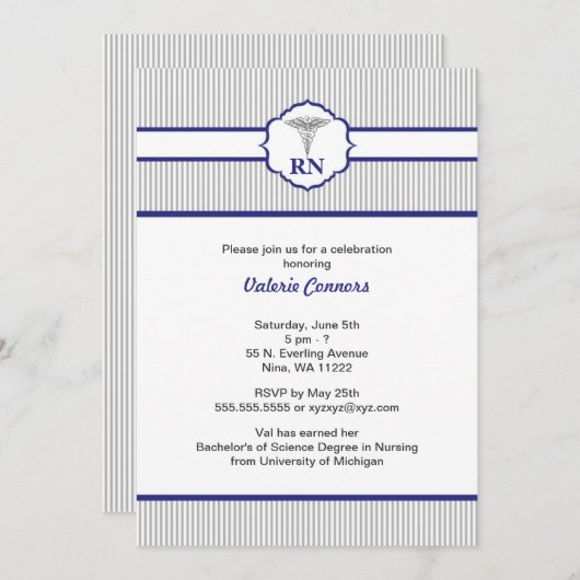 Pinstripe Nurse Afstuderen Celebration Invites Kaart (Voorkant / Achterkant)