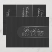 Pinstripe Zwart Zilver Verjaardagsfeestuitnodiging Kaart (Voorkant / Achterkant)