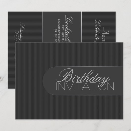 Pinstripe Zwart Zilver Verjaardagsfeestuitnodiging Kaart (Voorkant / Achterkant)