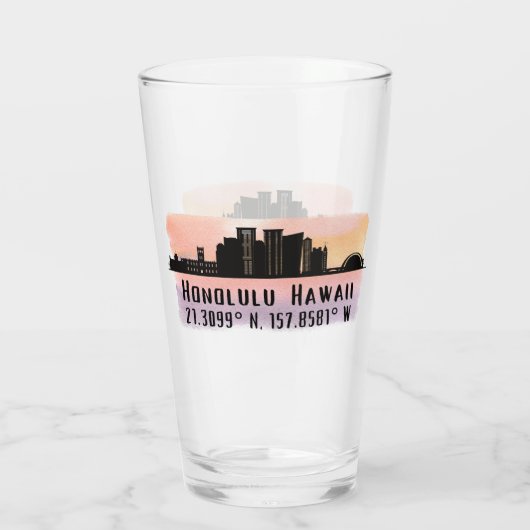 Pint met Honolulu Silhouette en Breedte- en Lengte Glas (Achterkant)