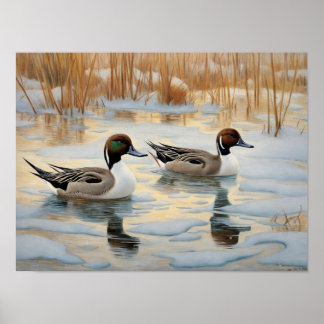 Pintail eenden op besneeuwde vijver poster