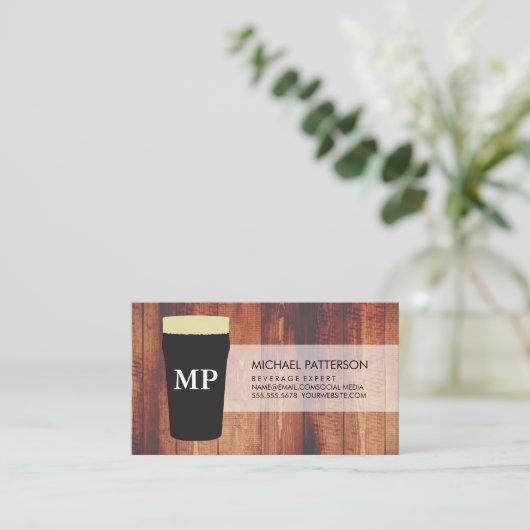 Pintglas Hout met Monogram Visitekaartje (Staand voorkant)