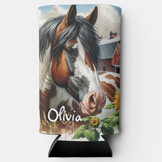  Pinto Brown en White Horse op rustiek Boerderij Seltzer Blikjeskoeler (Voorkant)