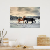 Pinto en Percheron Stallions Horse About in sneeuw Poster (Keuken)