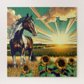 Pinto Paard in een zonnebloemveld Legpuzzel (Verticaal)