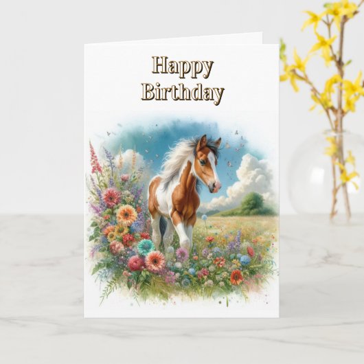 Pinto paardenveulen en wilde bloemen Gefeliciteerd Kaart (Gele Bloem)