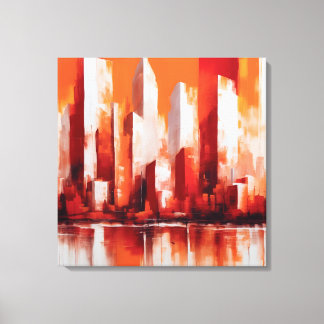 Pintura abstrata cidade cor vermelha e laranja canvas afdruk