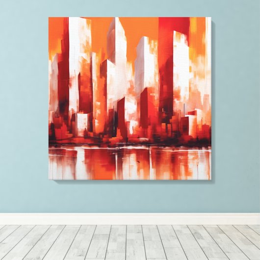 Pintura abstrata cidade cor vermelha e laranja canvas afdruk (Insitu (Houten vloer))