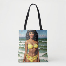 Pinup Afro-Amerikaan in gele bikini kunst Tote Bag