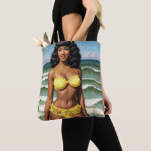 Pinup Afro-Amerikaan in gele bikini kunst Tote Bag (Dichtbij)